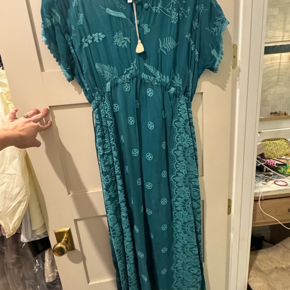 Johnny Was Teal Embroidered maxi dress